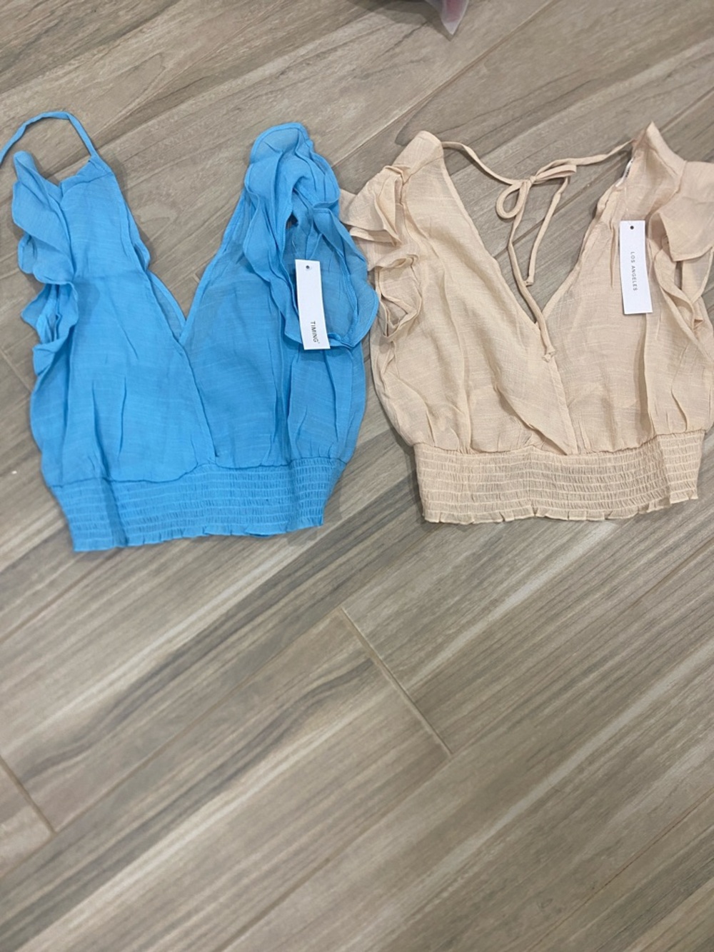 Timing Ruffle V-Neck Crop Top in Blue and Beige